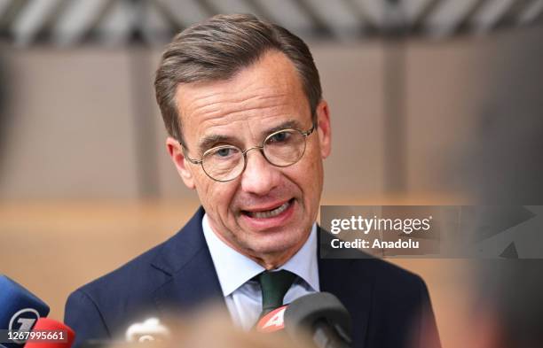 Swedish Prime Minister Ulf Kristersson speaks during the EU Leaders Summit in Brussels, Belgium on June 29, 2023.