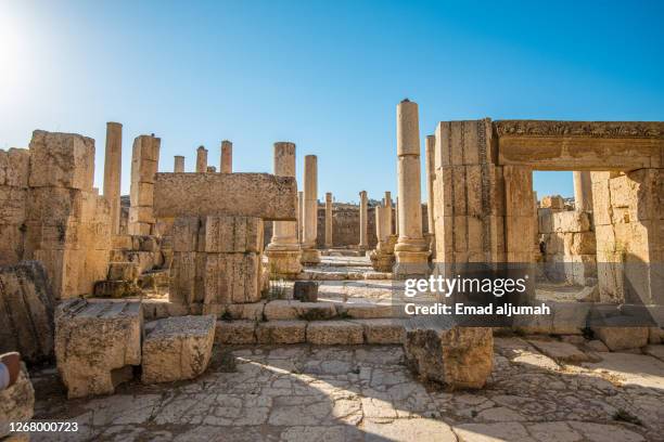 landscape view of macellum, ruins of the greco-roman city of gerasa or antioch on the golden river, north amman, jerash, jordan - archéologie photos et images de collection