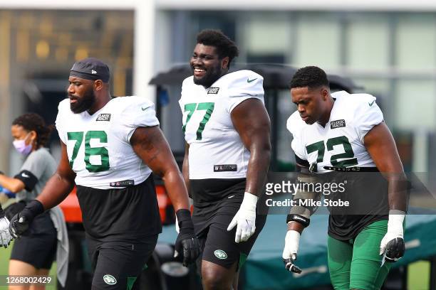Mekhi Becton of the New York Jets looks on at Atlantic Health Jets Training Center on August 23, 2020 in Florham Park, New Jersey.