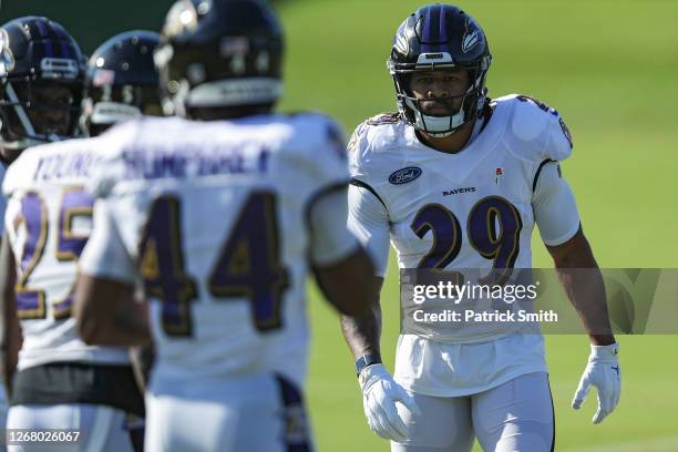 Safety Earl Thomas III of the Baltimore Ravens trains during the Baltimore Ravens Training Camp at Under Armour Performance Center Baltimore Ravens...