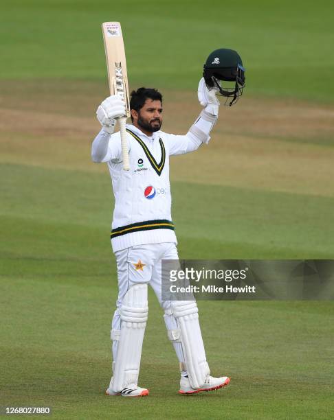 Azhar Ali of Pakistan celebrates after reaching his century during Day Three of the 3rd #RaiseTheBat Test Match between England and Pakistan at the...