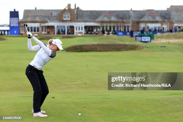 Sophia Popov of Germany plays her second shot on the 18th hole during Day Four of the 2020 AIG Women's Open at Royal Troon on August 23, 2020 in...