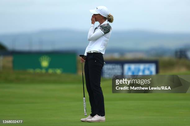 Sophia Popov of Germany reacts after missing a putt on the 18th green during Day Four of the 2020 AIG Women's Open at Royal Troon on August 23, 2020...