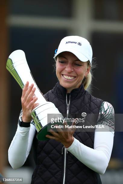 Sophia Popov of Germany lifts the trophy following the final round during Day Four of the 2020 AIG Women's Open at Royal Troon on August 23, 2020 in...