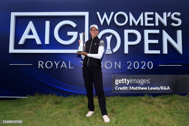 Sophia Popov of Germany poses with the trophy following victory in the final round on Day Four of the 2020 AIG Women's Open at Royal Troon on August...