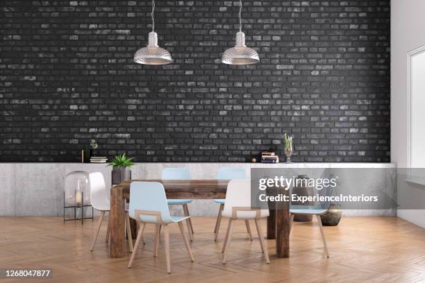 esszimmer tisch nahaufnahme - table brick wall wood stock-fotos und bilder