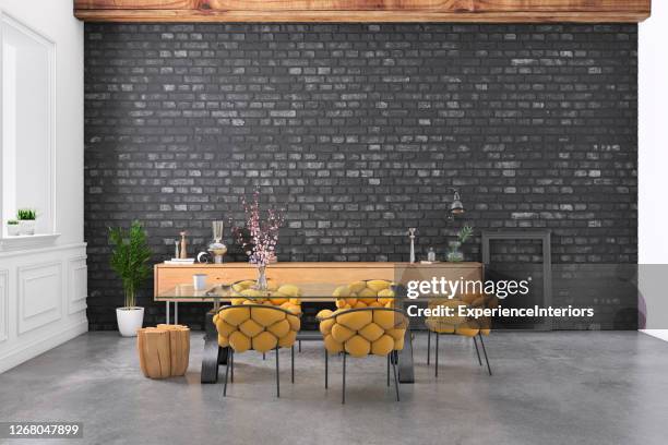 esszimmer mit leerer schwarzer backsteinwand - table brick wall wood stock-fotos und bilder