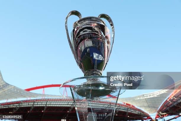 Detail view of the Champions League Trophy prior to during the UEFA Champions League Final match between Paris Saint-Germain and Bayern Munich at...