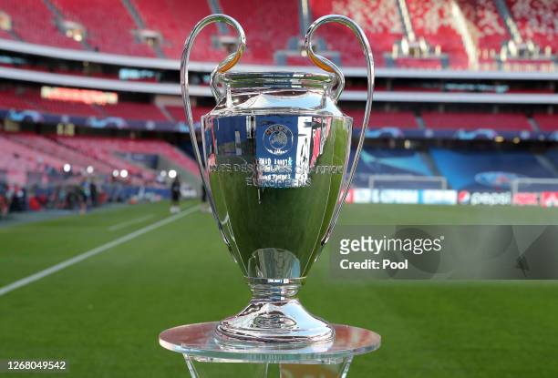 Detailed view of the Champions League Trophy prior to during the UEFA Champions League Final match between Paris Saint-Germain and Bayern Munich at...
