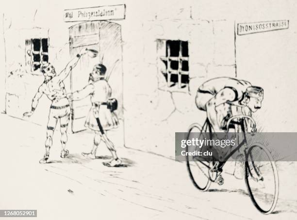 man cycling fast in front of the police departement - law enforcement agency stock illustrations