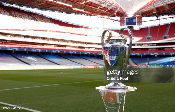 Detailed view of the Champions League Trophy prior to the UEFA Champions League Final match between Paris Saint-Germain and Bayern Munich at Estadio...