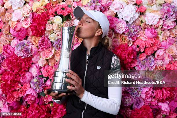 Sophia Popov of Germany kisses the trophy following victory in the final round on Day Four of the 2020 AIG Women's Open at Royal Troon on August 23,...