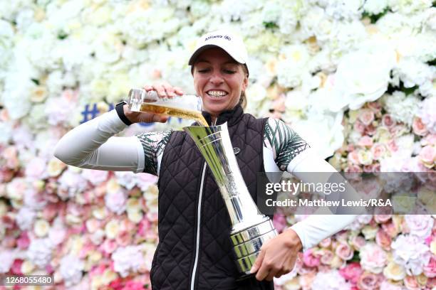 Sophia Popov of Germany pours a drink into the trophy following victory in the final round on Day Four of the 2020 AIG Women's Open at Royal Troon on...