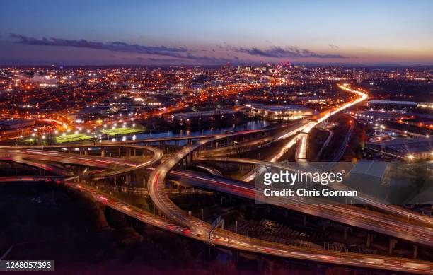 The Spaghetti Junction the junction that connects the M6 and A38 expressway to central Birmingham lights up with rush hour traffic on January 7,2020...