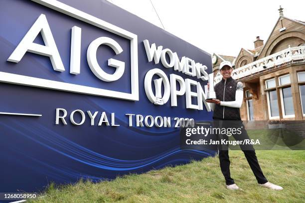 Sophia Popov of Germany poses with the trophy following victory in the final round on Day Four of the 2020 AIG Women's Open at Royal Troon on August...