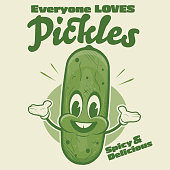 funny pickle cartoon illustration in retro style