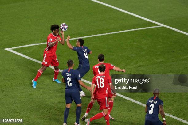 Kingsley Coman of FC Bayern Munich scores his team's first goal during the UEFA Champions League Final match between Paris Saint-Germain and Bayern...