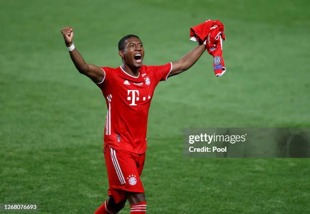 David Alaba of FC Bayern Munich celebrates following his team's victory in the UEFA Champions League Final match between Paris Saint-Germain and...