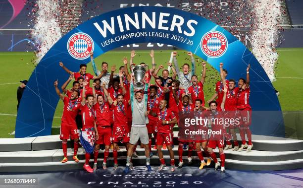 Manuel Neuer, captain of FC Bayern Munich lifts the UEFA Champions League Trophy following his team's victory in the UEFA Champions League Final...
