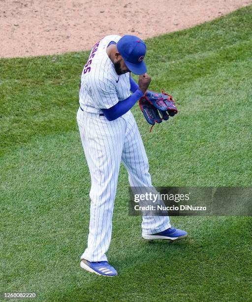 Jeremy Jeffress of the Chicago Cubs reacts after the last out during the ninth inning of a game against the Chicago White Sox at Wrigley Field on...