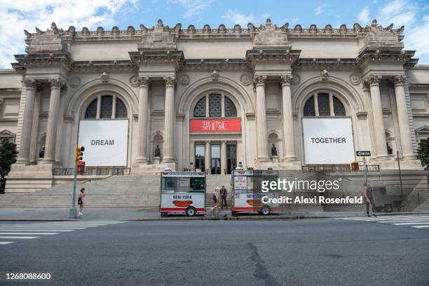 View of Yoko Ono's new art installation, Dream Together, is displayed on the facade of The Metropolitan Museum of Art as the city continues Phase 4...