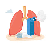Asthma Disease Concept. Human Lungs and Inhaler for Breathing. Chronic Sickness, Respiratory System Disease, Remedy