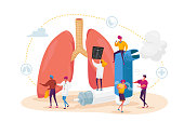 Pulmonology and Asthma Disease. Tiny Characters at Huge Lungs and Inhaler, Respiratory System Examination and Treatment