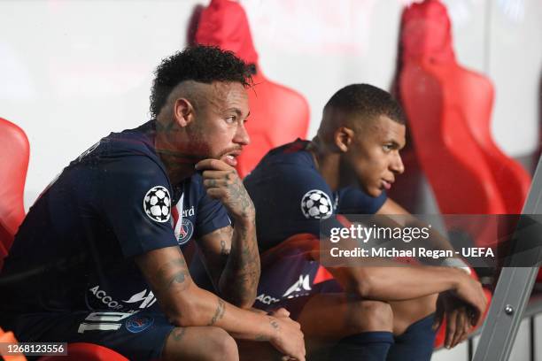 Neymar and Kylian Mbappe of Paris Saint-Germain look dejected following their team's defeat in the UEFA Champions League Final match between Paris...