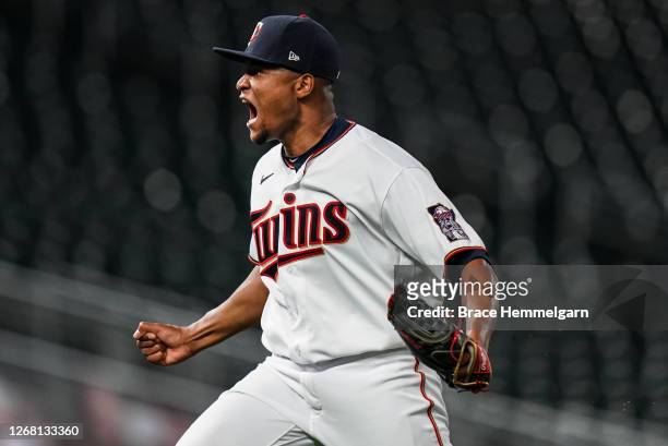 Jorge Alcala of the Minnesota Twins celebrates against the Milwaukee Brewers on August 18, 2020 at Target Field in Minneapolis, Minnesota.