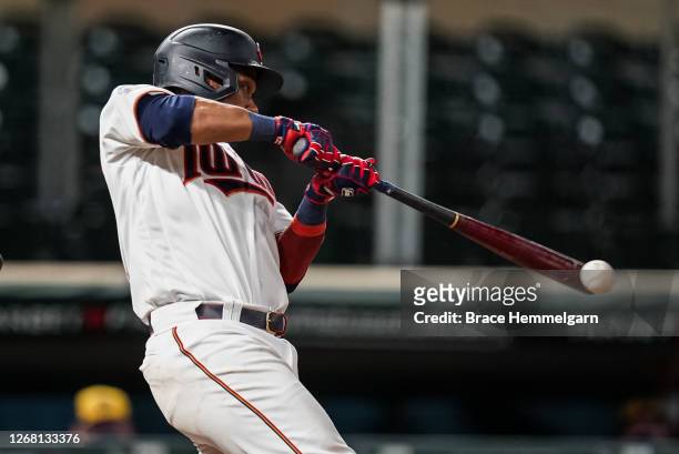 Jorge Polanco of the Minnesota Twins bats against the Milwaukee Brewers on August 18, 2020 at Target Field in Minneapolis, Minnesota.