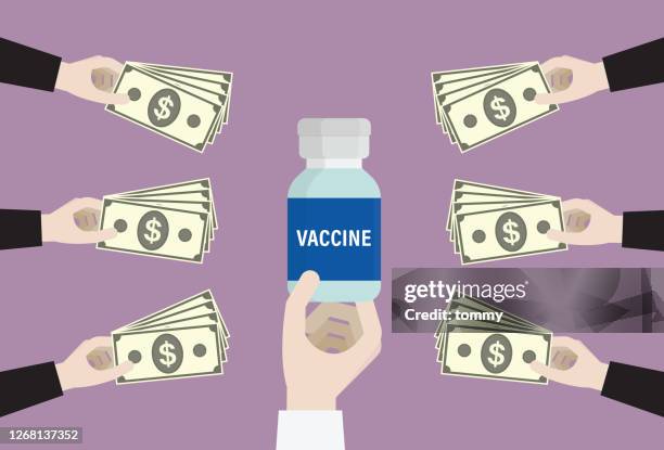 business person using a us dollar banknote buy a vaccine - bid stock illustrations