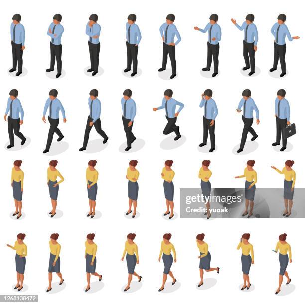 illustrazioni stock, clip art, cartoni animati e icone di tendenza di insieme isometrico di movimenti e pose di un uomo d'affari e di un'imprenditrice - assonometria