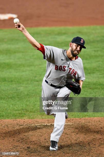 Matt Barnes of the Boston Red Sox pitches against the Baltimore Orioles at Oriole Park at Camden Yards on August 21, 2020 in Baltimore, Maryland.