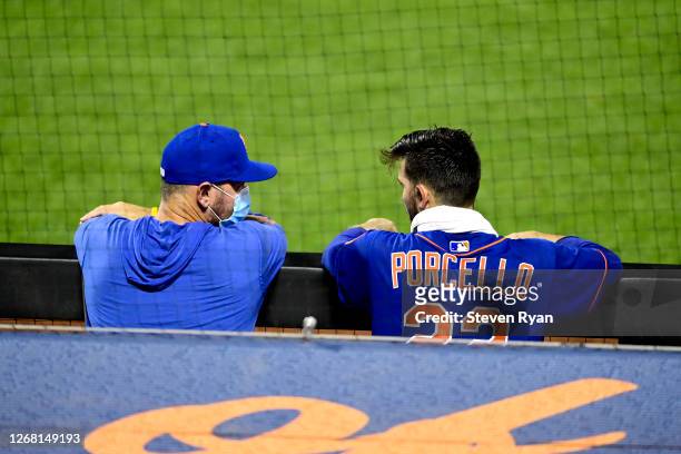 Rick Porcello of the New York Mets is seen in the dugout against the Washington Nationals at Citi Field on August 11, 2020 in New York City.