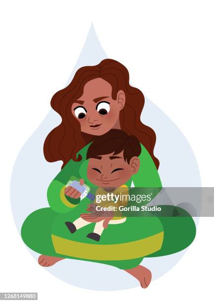 mother helping her son apply hand sanitizer personal hygiene concept illustration - indian mother stock illustrations