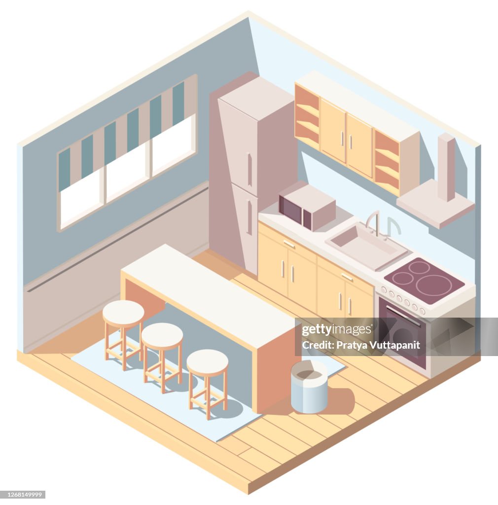 Isometric Kitchen Interior With Kitchenware Refrigerator And Microwave ...
