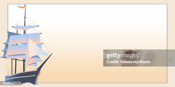 horizontal postcard with retro sailing ship - old postcard background stock illustrations