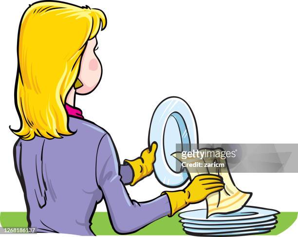 housewife wiping plates with towel - washing dishes vector stock illustrations