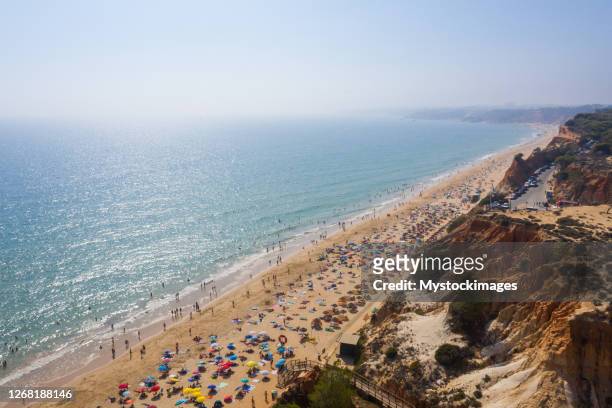 drone top view of beach with umbrellas in portugal - albufeira stock pictures, royalty-free photos & images