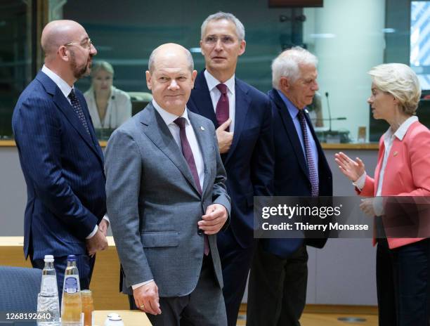 President of the European Council Charles Michel is talking with the German Chancellor Olaf Scholz, the NATO general secretary Jens Stoltenberg, the...