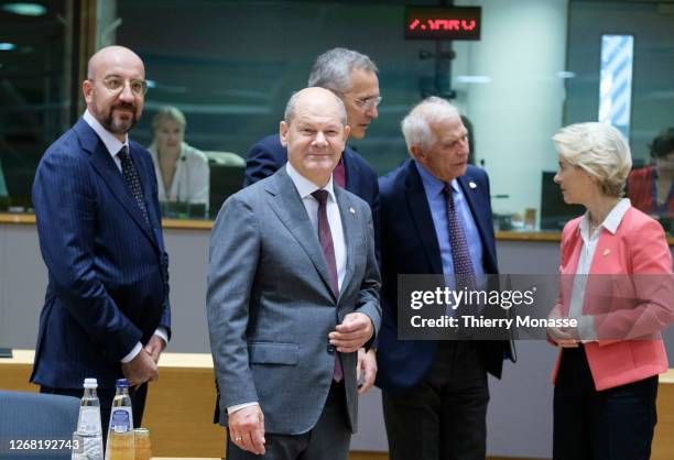 President of the European Council Charles Michel is talking with the NATO general secretary Jens Stoltenberg, the German Chancellor Olaf Scholz, the...