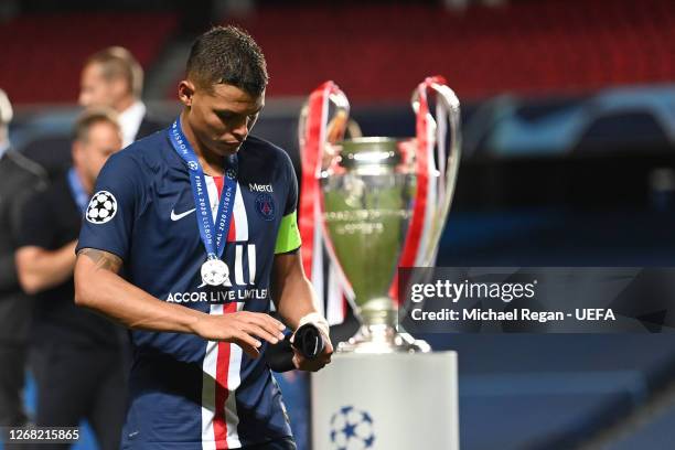 Thiago Silva of PSG looks dejected after the UEFA Champions League final football match between Paris Saint-Germain and Bayern Munich at the Luz...