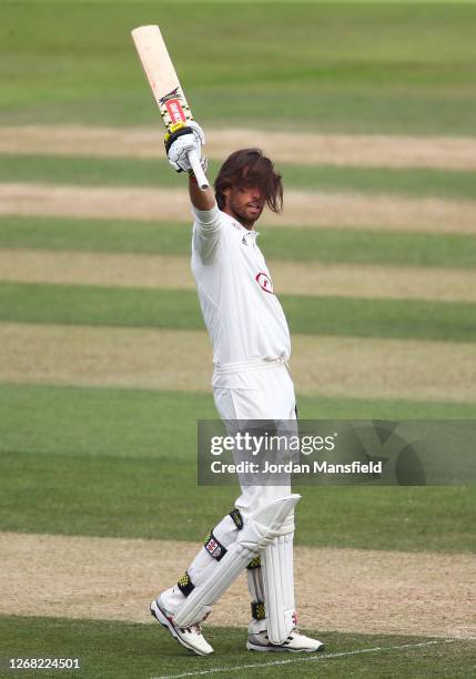 Ben Foakes of Surrey celebrates his century day three of the Bob Willis Trophy match between Surrey and Kent at The Kia Oval on August 24, 2020 in...