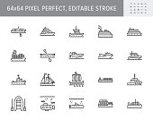 Ship, boat line icons. Vector illustration included icon as yacht, cruise, cargo shipping, submarine, ferry, canoe, schooner outline pictogram for water transport. 64x64 Pixel Perfect Editable Stroke