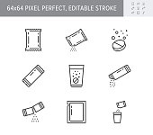 Sachet line icons. Vector illustration included icon as sugar powder packet, soluble pill, effervescent effect outline pictogram for medicine. 64x64 Pixel Perfect Editable Stroke