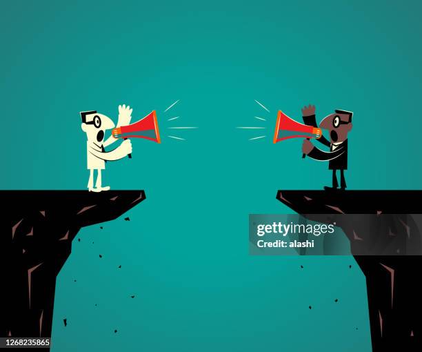 two businessmen standing at the edge of the cliff and discussing with megaphone - complaining stock illustrations stock illustrations