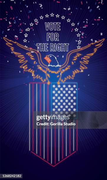 vote for the right, bald eagle has a voting ticket in its mouth while holding us flag. - bald eagle american flag stock illustrations
