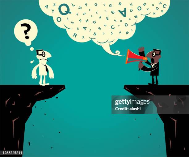 zwei geschäftsleute stehen am rande der klippe und haben kommunikationsprobleme - business confuse conflict stock-grafiken, -clipart, -cartoons und -symbole