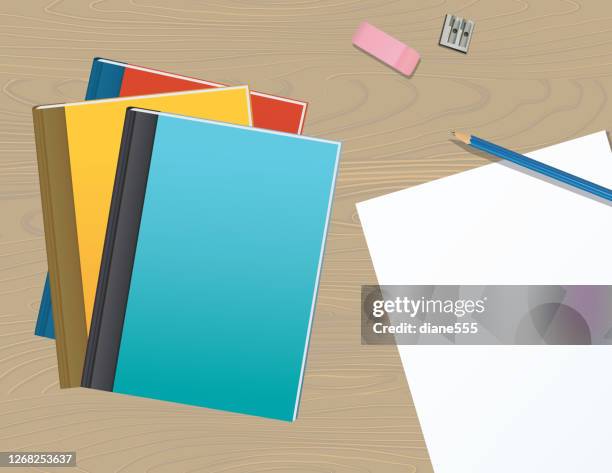 student desk - home schooling - school desk from above stock illustrations