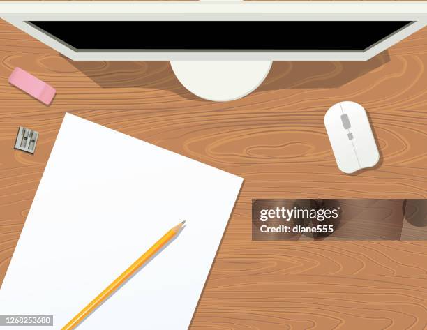 student desk - home schooling - school desk from above stock illustrations